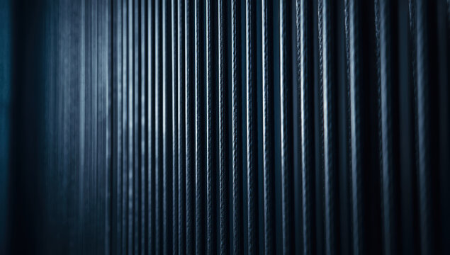 Close up metal cable strands with moody blue lighting creating abstract vertical pattern