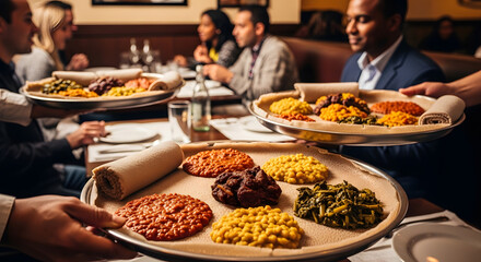 Obraz premium Multiple platters of diverse colorful stews and mashed legumes served on soft flatbread being delivered to a group of people at a table