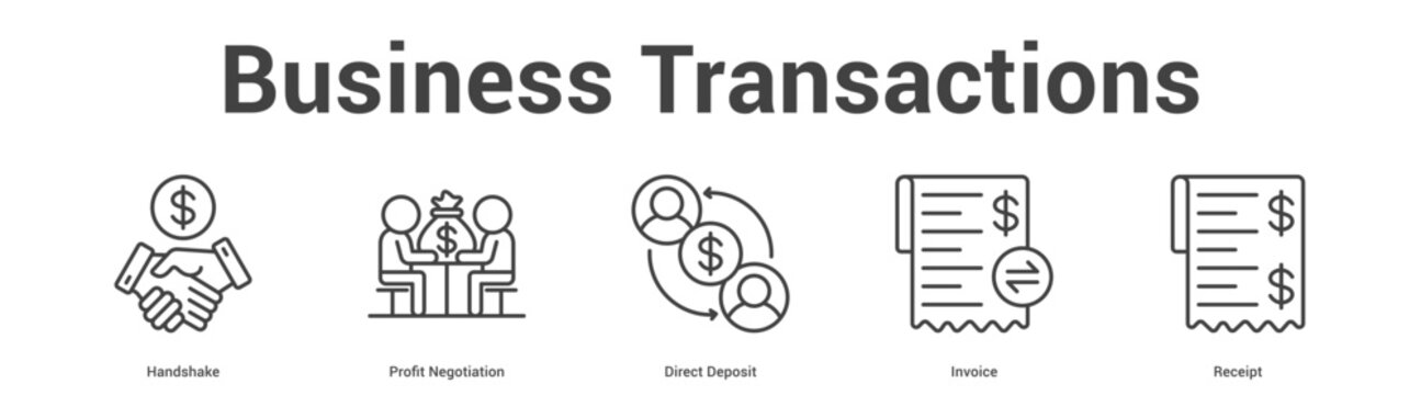 Business Transactions web banner icon set vector illustration concept for business with icon of Handshake, Profit Negotiation, Direct Depos.