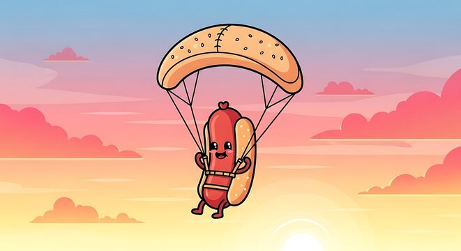 A cartoon hot dog, with happy expression, floats through the sky with a parachute made of a bun. Sunset colors