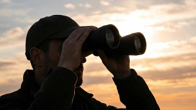 Binoculars vision for future business foresight strategy opportunity leadership planning target, silhouette adult man holding binoculars scanning sunset sky, guiding strategy and planning toward