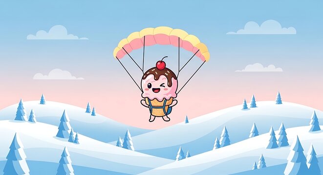 A cute cartoon dessert character, ice cream cone with toppings, parachuting over a snow-covered winter landscape