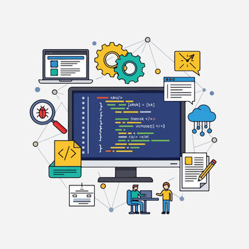 A colorful illustration of coding and web development