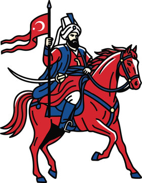 Ottoman Empire Sipahi Cavalry Soldier Riding Horse Holding Flag Vector Illustration Historical Warrior Graphic Design