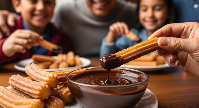 Hand dipping a golden crispy churro into a glass bowl of melted dark chocolate sauce with children smiling in background