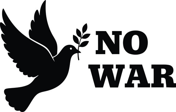 Black silhouette flying peace dove holding olive branch with text no war isolated on white