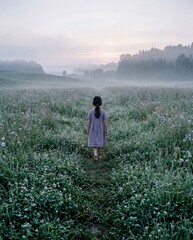 Fototapeta premium Little girl walking barefoot through a misty clover field at dawn