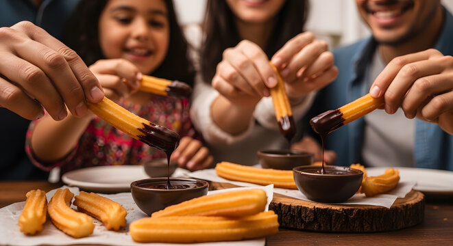 Happy group of people sharing delicious fried dough pastry with warm dark chocolate dip at the table