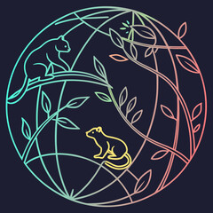 Exotic lemur and mongoose neon globe line vector. © josefuna11