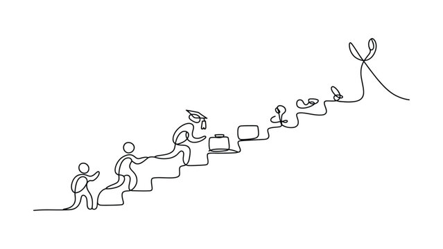 Continuous line drawing depicting a journey of personal growth and achievement from childhood to graduation and success culminating in a victory symbol line art