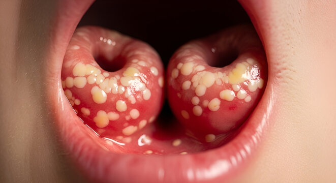 Close-up medical image revealing inflamed tonsils covered in painful white spots, indicative of tonsillitis or infection