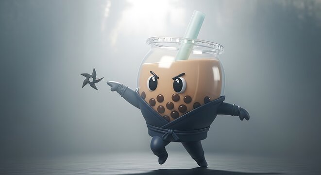 Animated bubble tea character in a ninja costume throws a shuriken against a blurred background