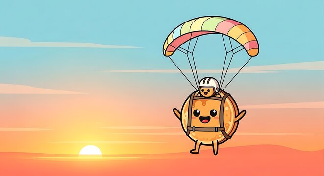 Animated cartoon image. A happy, smiling pancake with a smaller passenger skydiving against a sunset