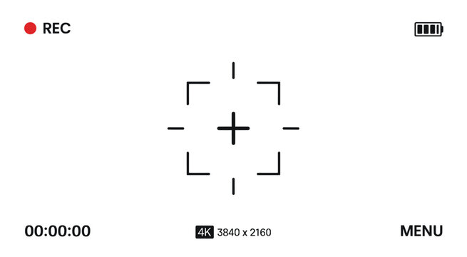 Digital camera viewfinder overlay with recording status indicator battery focus reticle and 4k resolution text on a white background