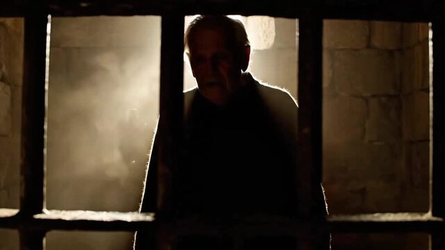 Man silhouette inside prison cell behind window bars