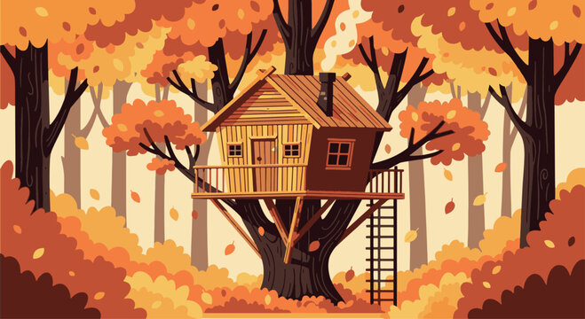 A charming vector illustration of a cozy wooden treehouse nestled in a vibrant orange and yellow autumn forest with a smoking chimney.