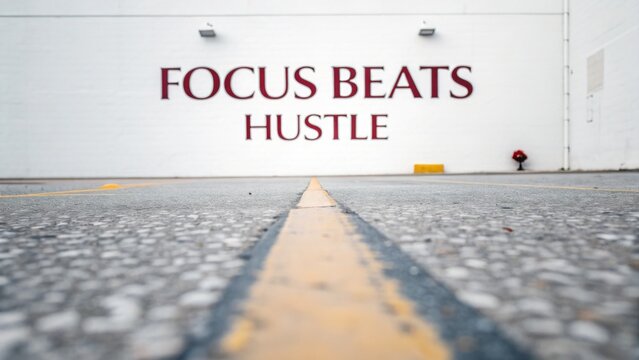 Inspiring Wall Mural with Motivational Quote "Focus Beats Hustle" Displayed on Urban Building Exterior Surface