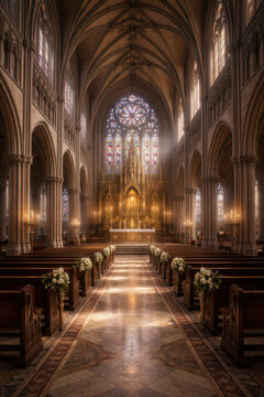 Interior of a grand church with stained glass windows and floral decorations.