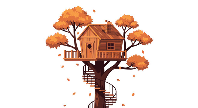 A charming wooden treehouse nestled in a tree with orange autumn leaves, featuring a spiral staircase and smoking chimney on a white background.