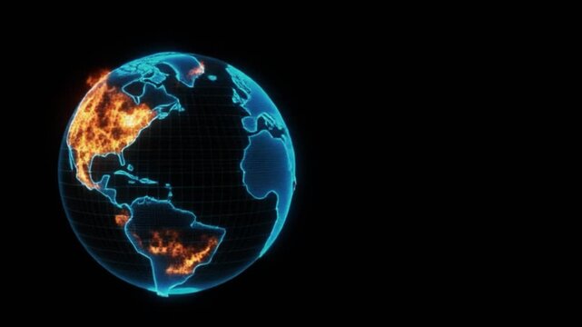 High-tech 3D world map animation featuring flaming continents on a holographic sphere. Ideal for cybersecurity, tech news, and analysis of global hotspots and geopolitical tensions.