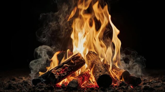 A crackling fire burns with bright orange and yellow flames, logs glowing, surrounded by smoke against a dark backdrop