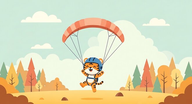A joyful cartoon tiger with a parachute, enjoying a fall skydive in a park setting