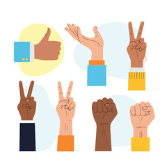 Fototapeta premium A colorful illustration of seven hands with different gestures
