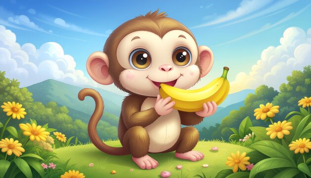 Cute cartoon monkey sitting in a green meadow holding a bunch of bananas in its hands with a vibrant blue sky and distant mountains in the background