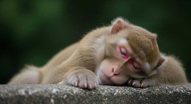 Adorable Rhesus Macaque Monkey Resting Peacefully on a Wall