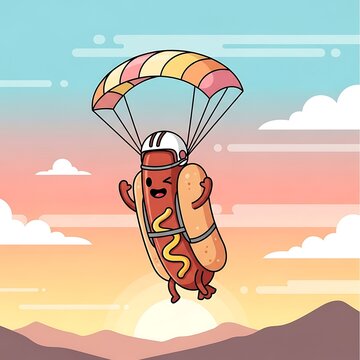 Whimsical illustration of a smiling hot dog with a tiny helmet and mustard, skydiving under a colorful parachute against a sunset background