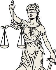 Obraz premium A minimalist line art drawing of Lady Justice holding scales and a sword, representing law, equity, and impartial judgment on a white background.