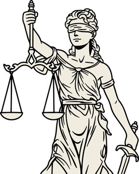 A minimalist line art drawing of Lady Justice holding scales and a sword, representing law, equity, and impartial judgment on a white background.