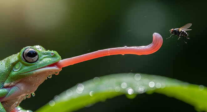 Vibrant green tree frog expertly extends its long, sticky tongue, successfully capturing a fly mid-air. A stunning display of amphibian hunting instinct and natural precision