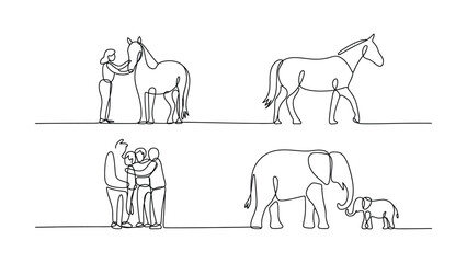 Continuous line drawings of people interacting with animals and elephants  family love and pets line art © Md