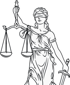 Minimalist black and white line drawing of Lady Justice with scales and sword, representing law and impartial judgement.