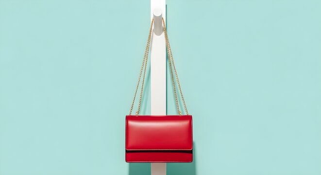 A striking red clutch bag featuring a elegant gold chain strap, meticulously displayed against a bright, minimalist backdrop, highlighting its fashionable design and versatile appeal as a chic accesso