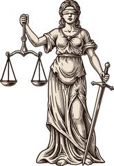 Obraz premium A classic hand-drawn engraving of Lady Justice with scales and sword, isolated on white. Ideal for legal services, law firm branding, and judicial concepts.