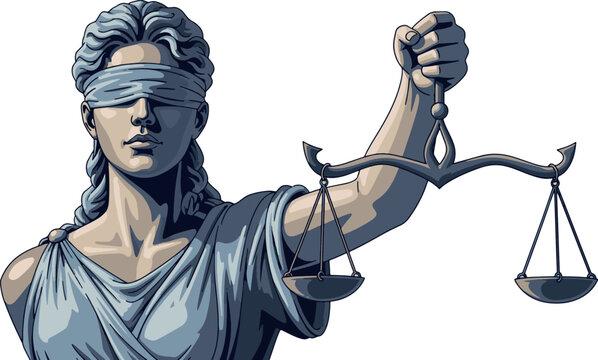 A professional vector illustration of Lady Justice holding scales of justice, representing law, equity, and impartiality on a white background.