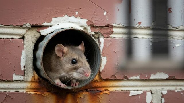 Curious Rodent Peeks Out From Pipe In Brick Wall Showcasing Its Whiskers Curious Eyes With Blurred Backdrop Hinting At Outdoor Setting Used For Pest Control Urban Wildlife