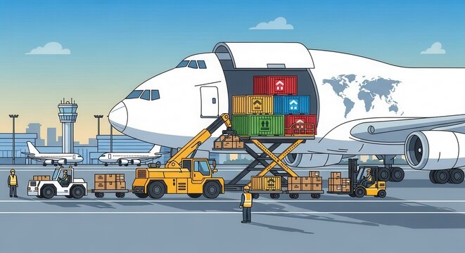 Cargo aircraft is being loaded with freight containers and pallets on an airport tarmac.