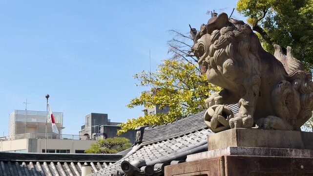 Stone Komainu Lion Dog Statue at a Shinto Shrine in Kyoto