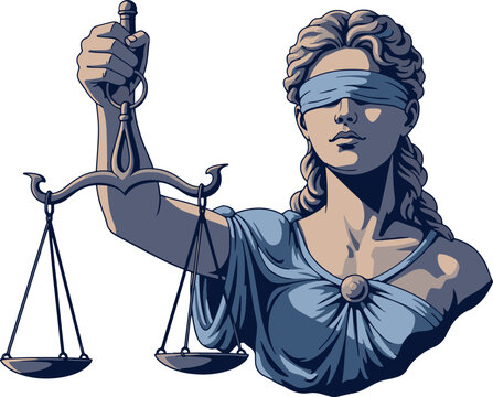 A stylized illustration of Lady Justice holding scales, symbolizing impartiality, law, and fairness, isolated on a white background.