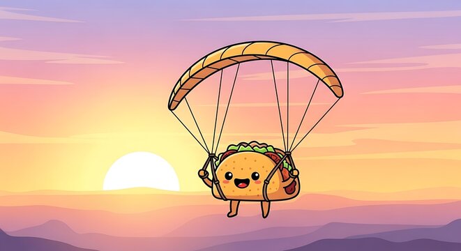 Animated taco with a smiling face, holding a parachute, gliding across a sunset sky
