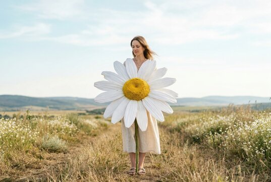 Serene woman holding oversized chamomile flower standing in a field for skincare branding and spa advertising with copy space and a soft horizon background