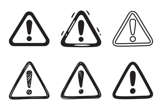 Set of hand drawn attention sign. warning danger exclamation mark triangles.
