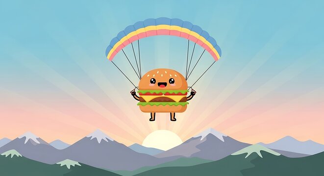 Cartoon burger with smiling face paragliding in the sunset sky above mountains, sunny day