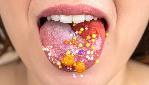 close-up of woman's tongue with colorful sprinkles.