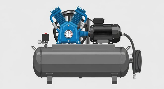 Industrial air compressor unit with a large tank and electric motor mechanism.