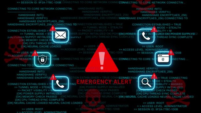 Scam alert warning. cybersecurity concept a prominent digital warning sign surrounded by alert icons, symbolizing on Black Background and features 4k Animation video