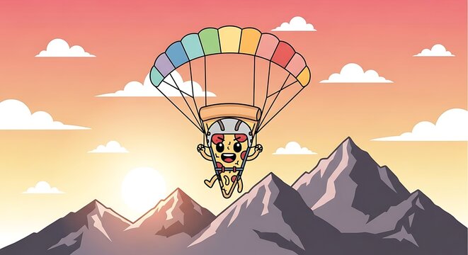Cartoon pizza slice with a happy expression skydiving with a colorful parachute over mountain peaks at sunset